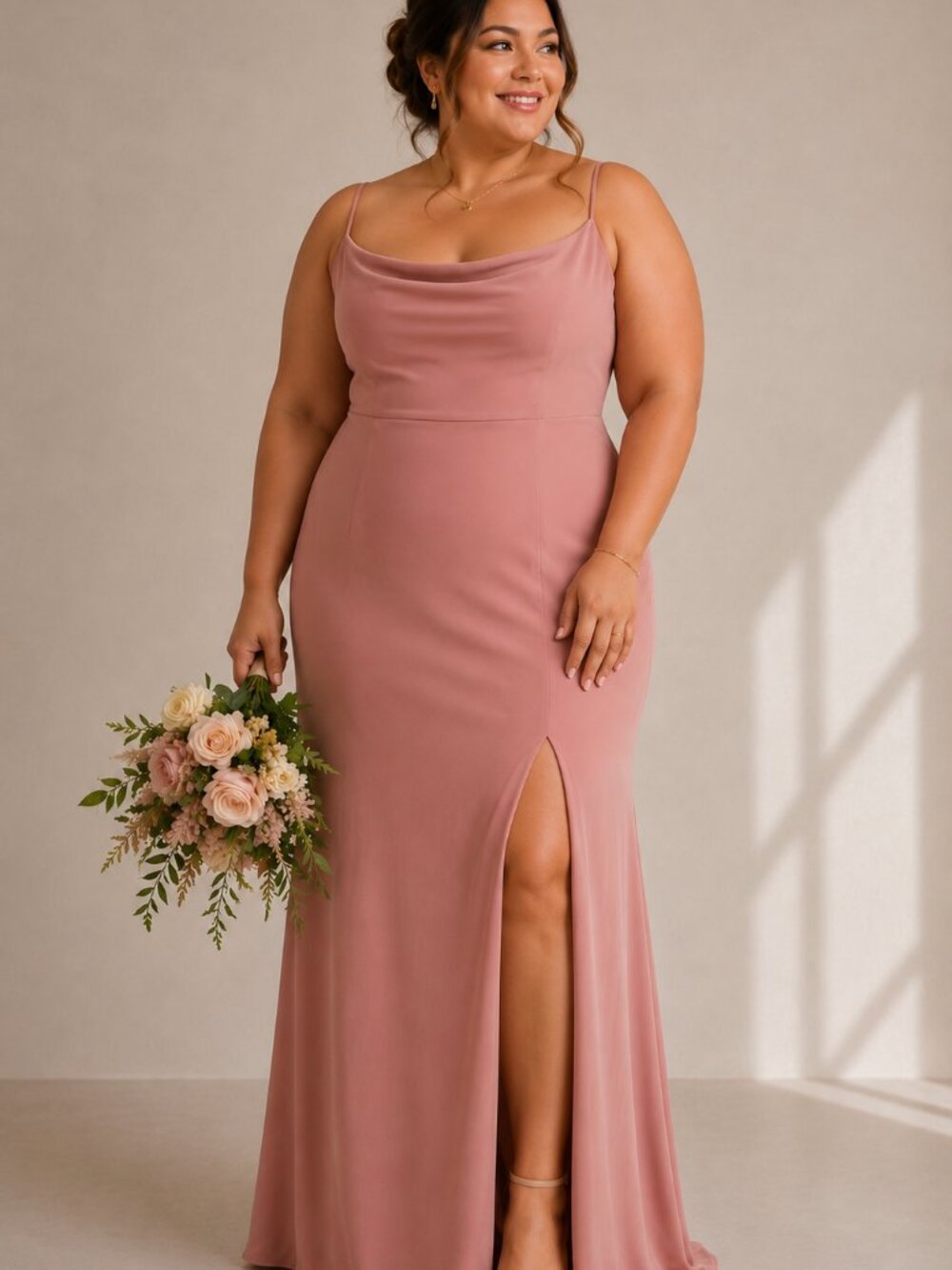 Birdy Grey Ash Dress Dusty Rose Stretch Crepe Formal Gown Front Slit XXL NWT